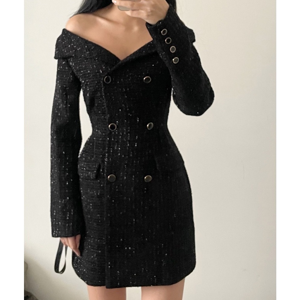 Black Off-Shoulder Double-Breasted Tweed Mini Dress